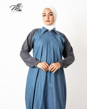 Blue Denim Cardigan with zipper and Gray sleeves